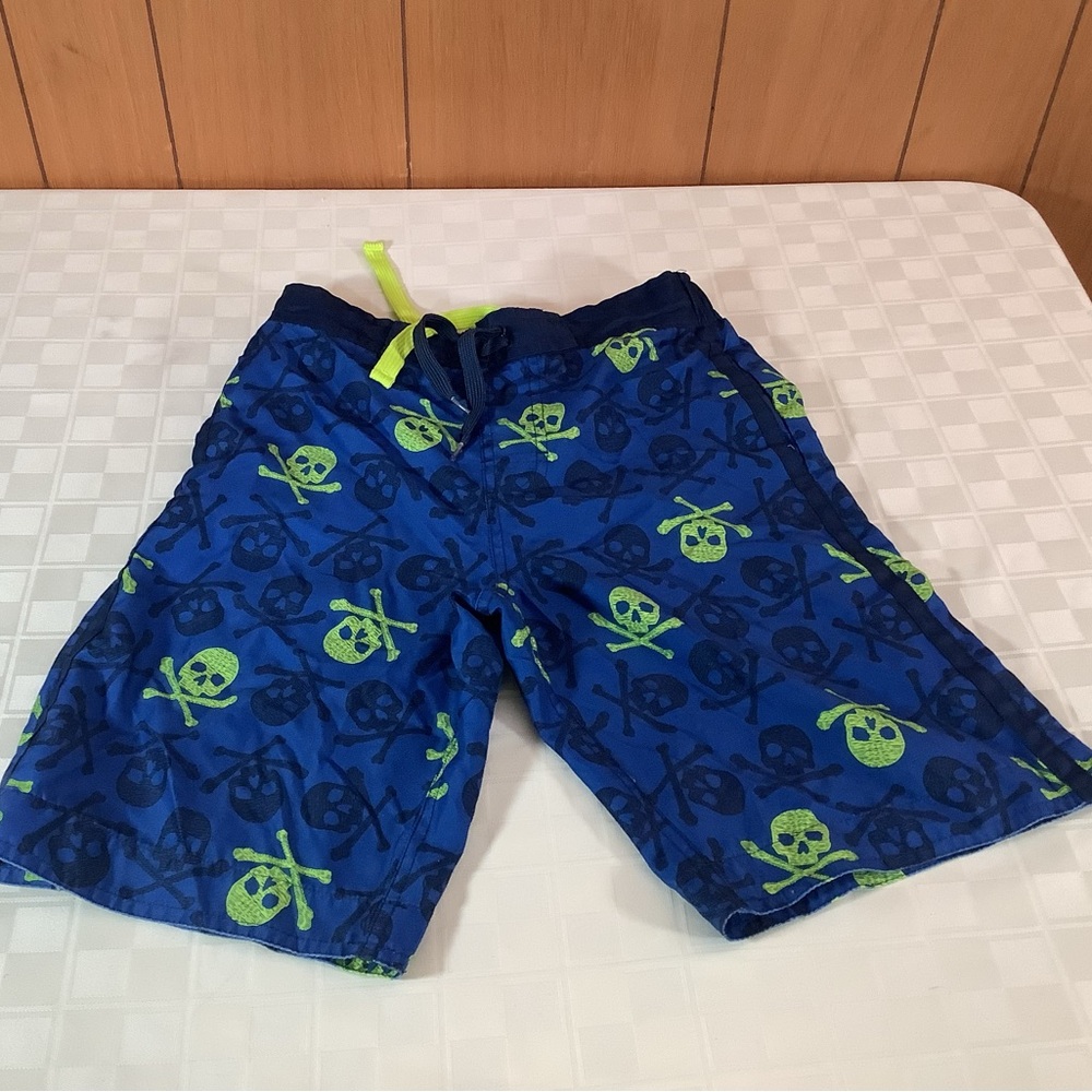 Blue Skull Print Kids Swim Trunks